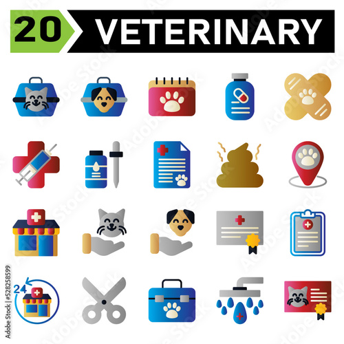 Veterinary icon set include carrier, vet, pet, box, cat, dog, calendar, appointment, veterinary, schedule, medication, supplement, vitamin, vaccine, bandied, clinic, medic, syringe, virus, flee