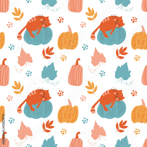 Seamless pattern with funny autumn ornament  cute cats and pumpkins. For designing prints on fabrics  childrens textiles  wallpaper  wrapping paper. Vector graphics on a white background.