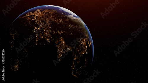 Day and night on Earth planet viewed from space showing the lights of Asia, Africa, Europe and Middle east. 3D rendering. Elements of this image furnished by NASA.