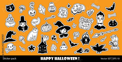 Halloween sticker pack. Happy Halloween illustrations set with cut outline for stickers. Vector in cute doodle gothic style with funny characters witch, vampire, pumpkin and zombie. Halloween magnets