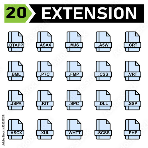 File extension icon set include btapp, asax, mjs, a5w, crt, bml, p7c, fmp, css, vrt, jspa, kit, spc, dll, ssp, ascx, xul, whtt, scss, php, file, document, extension, icon, type, set, format, vector photo