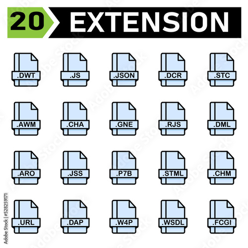 File extension icon set include dwt, js, json, dcr, stc, awm, cha, gne, rjs, dml, aro, jss, p7b, stml, chm, url, dap, w4p, wsdl, fcgi, file, document, extension, icon, type, set, format photo