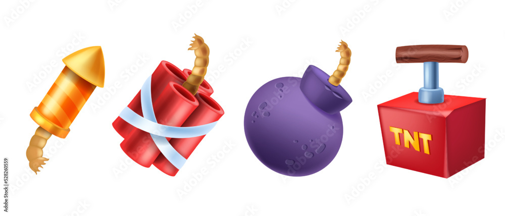 Εκτύπωση καμβά 3D bomb game icon set, vector cartoon dynamite ball with fuse, explosive tnt box, yellow firecracker