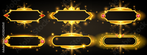 Golden game vector frame set, ancient royal border kit RPG  elements, UI medieval interface badge. Shiny gemstone fantasy cartoon title design, 3D tile menu object. Viking game frame asset collection