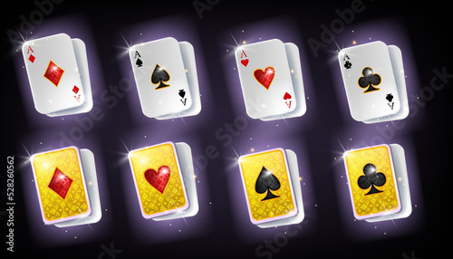 Poker card set, vintage back ornament, vector luxury gold ace, casino game icon set, clubs spades. Traditional 3D paper front rear side design, retro Vegas UI element. Poker card hearts, diamonds