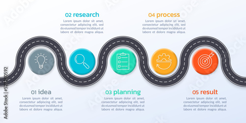 5 step road infograph. Timeline infographic with business icons. Winding asphalt pass or route. Modern pathway process design. Vector illustration.