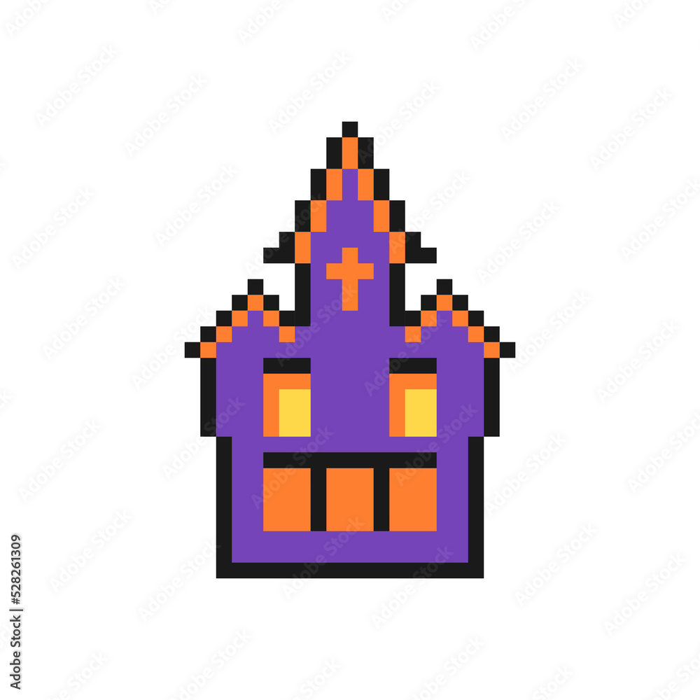 Obraz premium Halloween haunted house icon in pixel art design isolated on white background, horror house vector sign symbol.