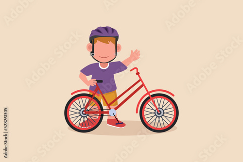 Fototapeta Naklejka Na Ścianę i Meble -  Little boy standing on the bicycle and hand raise up. Bicycle activity concept. Flat vector illustrations isolated. 