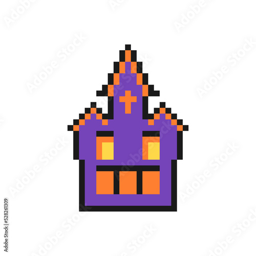 Halloween haunted house icon in pixel art design isolated on white background, horror house vector sign symbol.