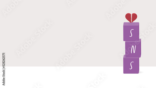 SNSの文字が入った紫色のブロックと壊れたハート - SNS疲れ･低評価のイメージ素材

