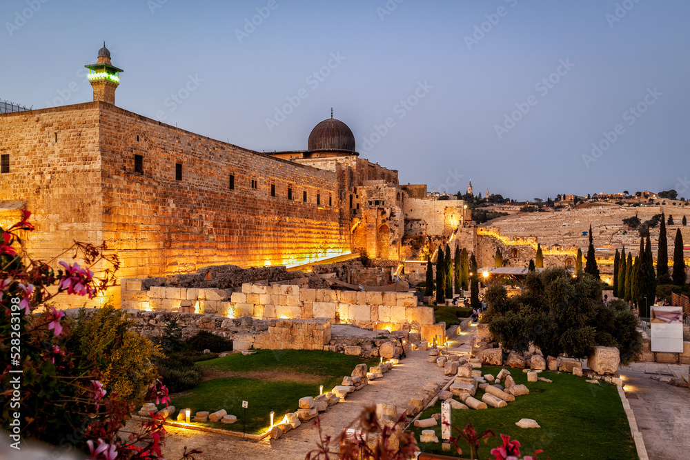 Jerusalem Old City at NIght - View from Dung Gate towards Temple Mount and Al Aqsa