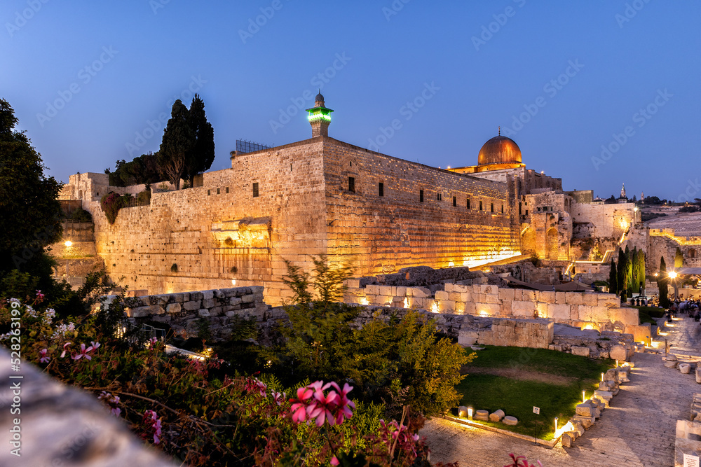 Jerusalem Old City at Night - View from Dung Gate towards Temple Mount and Al Aqsa