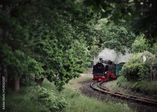 old steam train rides in greenery and blows a lot of smoke