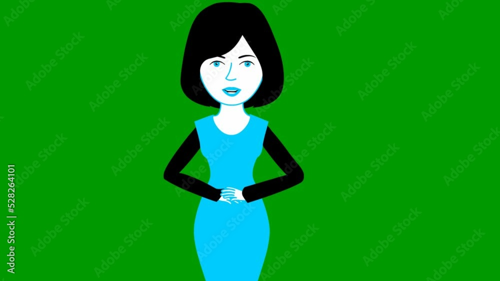 Animated speaking girl in blue dress. The woman constantly tells something and gestures with her hands. Black hair. Flat vector illustration isolated on green background. Animated speaking girl in blue dress. The woman constantly tells something and gestures with her hands. Black hair. Flat vector illustration isolated on green background.