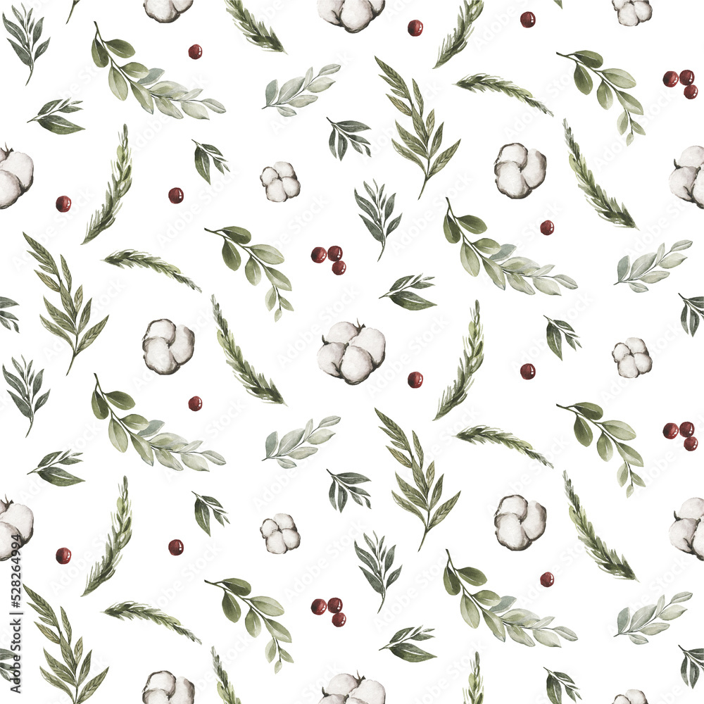 Christmas Watercolor Flowers Seamless Pattern Winter Patterns Cotton, Red Roses, Spruce, Eucalyptus, Lamb Christmas Watercolor Flowers Seamless Pattern Winter Patterns Cotton, Red Roses, Spruce, Eucalyptus, Lamb
