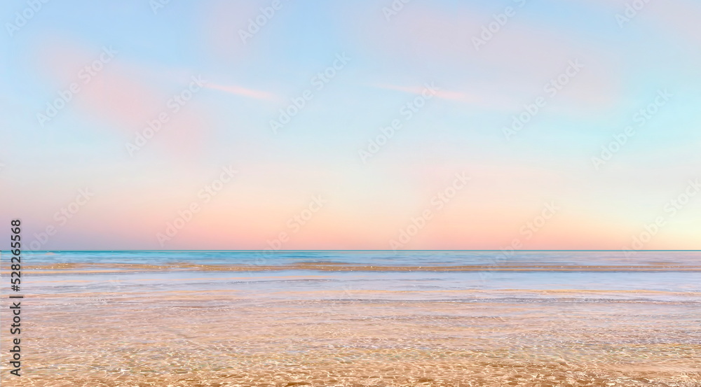 pink gold cloudy blue sunset ar sea water wave reflection banner  pastel background