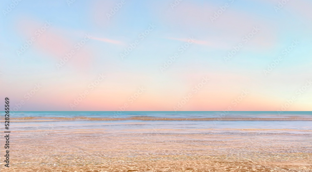 pink gold cloudy blue sunset ar sea water wave reflection banner  pastel background