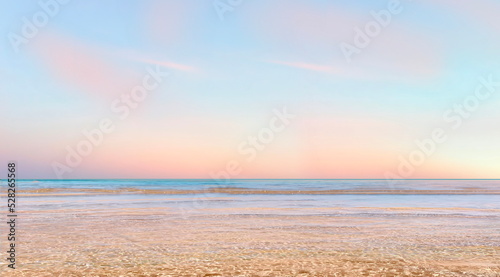 pink gold cloudy blue sunset ar sea water wave reflection banner pastel background