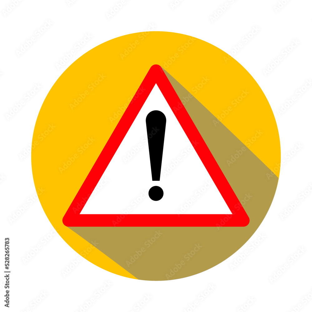 Attention Mark icon in triangle with long shadow on yellow background. Attention Mark icon in triangle with long shadow on yellow background.