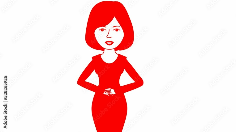 Animated speaking girl in red dress. The woman constantly tells something and gestures with her hands. Black hair. Flat vector illustration isolated on white background. Animated speaking girl in red dress. The woman constantly tells something and gestures with her hands. Black hair. Flat vector illustration isolated on white background.