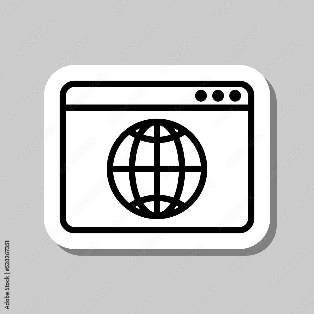 Browser, globe simple icon vector. Flat design. Sticker with shadow on gray background.ai Browser, globe simple icon vector. Flat design. Sticker with shadow on gray background.ai