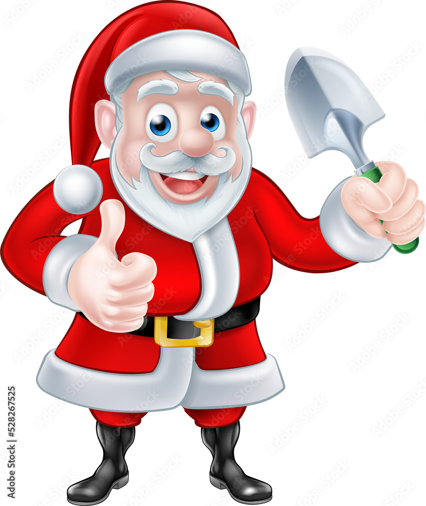Cartoon Santa Giving Thumbs Up Holding Trowel Spade Cartoon Santa Giving Thumbs Up Holding Trowel Spade