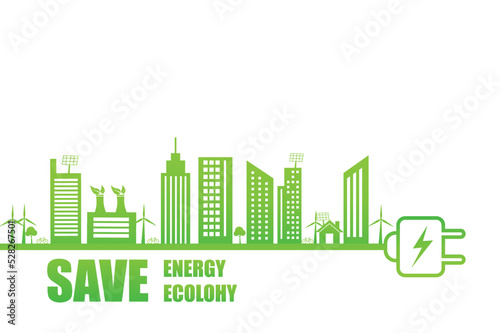 Electrical plug with green city. Save energy and ecology on white background. Environmental and global care. Eco sustainable development concept. Vector illustration in flat design.