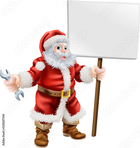 Santa holding spanner and sign
