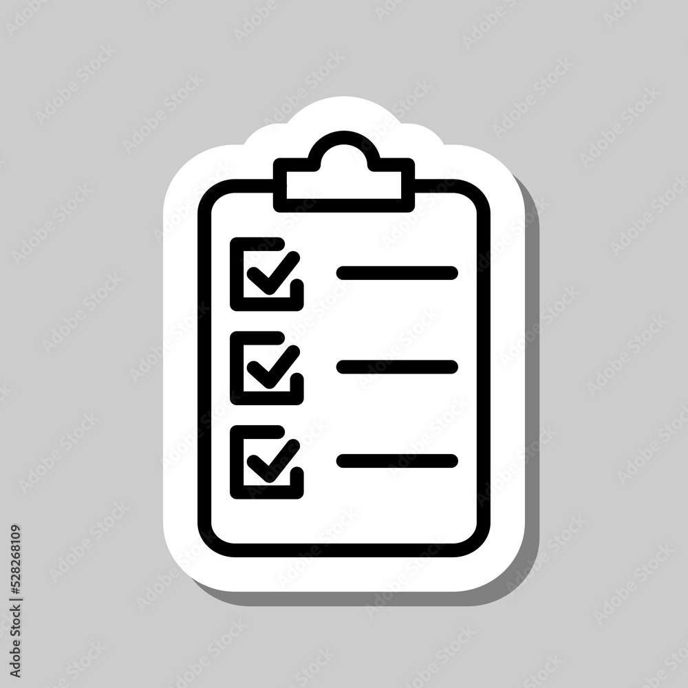 Clipboard and checklist simple icon vector. Flat design. Sticker with shadow on gray background Clipboard and checklist simple icon vector. Flat design. Sticker with shadow on gray background