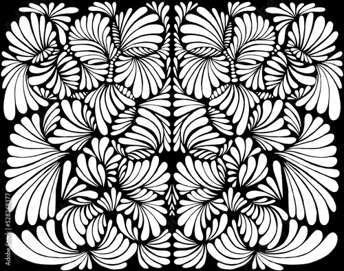 Mirror black and white psychedelic abstract shamanic flower coloring page. Fantasy vector illustration.