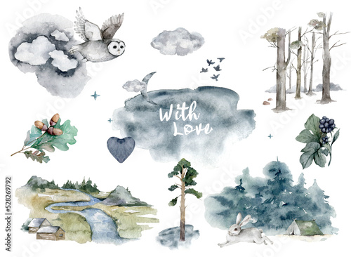 Autumn forest watercolor. Forest illustration. Pines, owl, hare and magpie. Autumn edge and animal clipart on white background © Anna Terleeva
