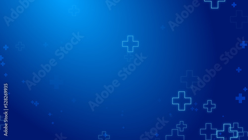 Medical health blue cross neon light shapes pattern healthcare technology background.