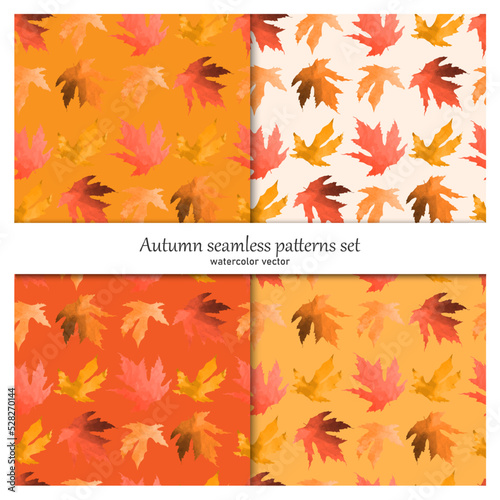 Set of seamless botanical patterns.Autumn maple leaves. Watercolor vector.