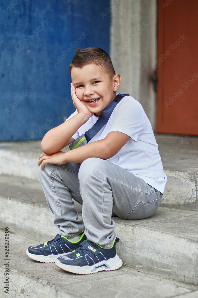 Handsome little boy sitting and posing for the camera, smiling. Carefree childhood. Handsome little boy sitting and posing for the camera, smiling. Carefree childhood.