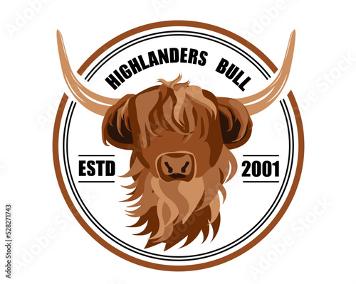 Emblem of brown Highland cattle, cow. Cute head of Scottish cattle isolated on white background. Written Highlanders Bull. Design element for logo, poster, card, banner, emblem, t shirt. Vector EPS10
