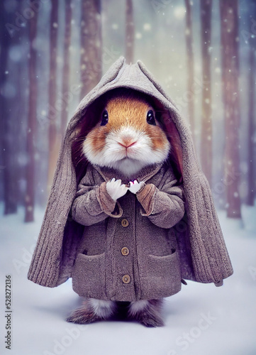 cute fluffy bunny in a warm knitted coat on the background of a winter forest on a winter day
