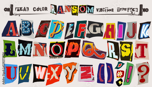 Real colorful ransom style vector  alphabet typeface clippings set for grunge font flyers and posters design or ransom notes. photo