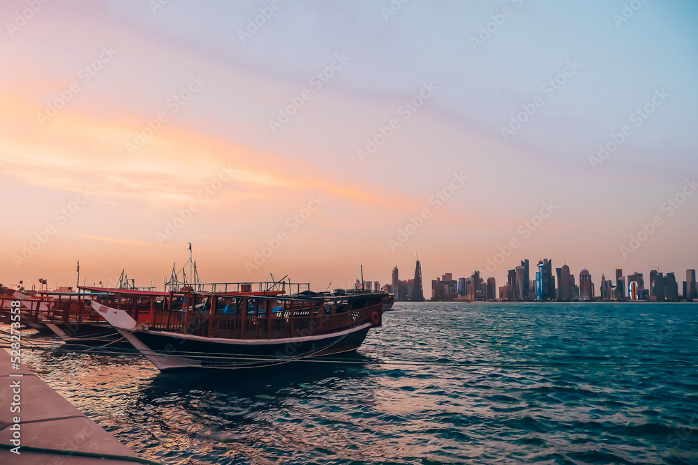 Sky view of Doha center during sunset Sky view of Doha center during sunset