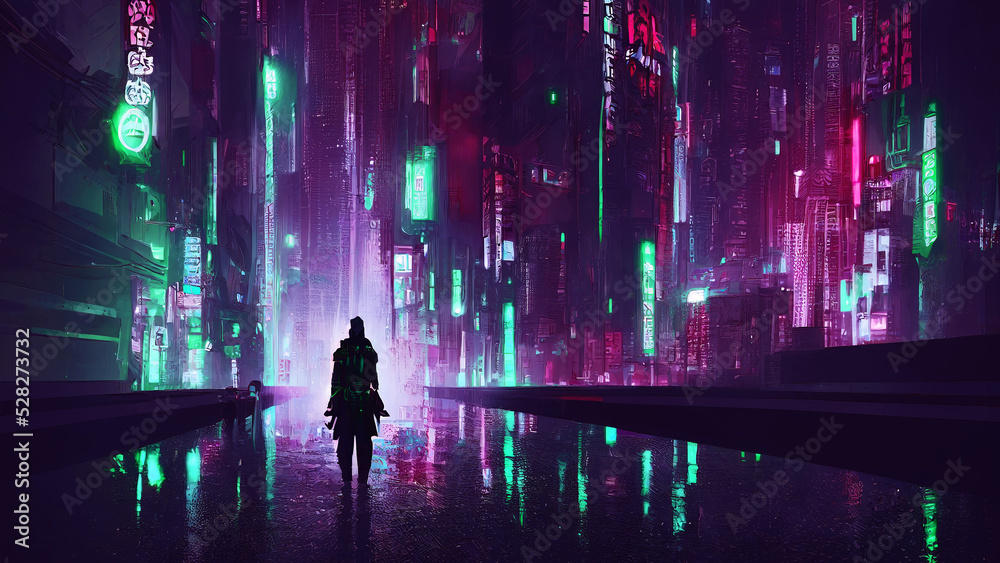 Silhouette of a man on the background of the cyberpunk city of the future. Oriental style city lights. Concept illustration.