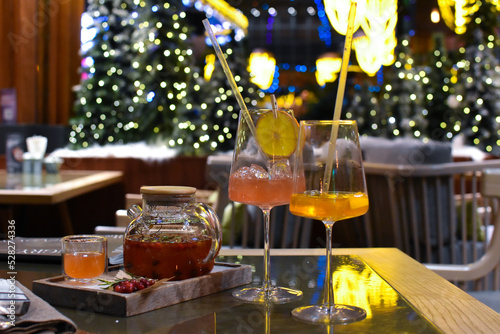 cocktail glasses on festive table in restaurant. drink alcohol for a holiday