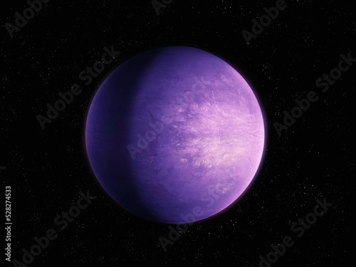 Realistic purple planet. Fantastic planet in space, beautiful extrasolar world, super-earth from another galaxy. © Nazarii