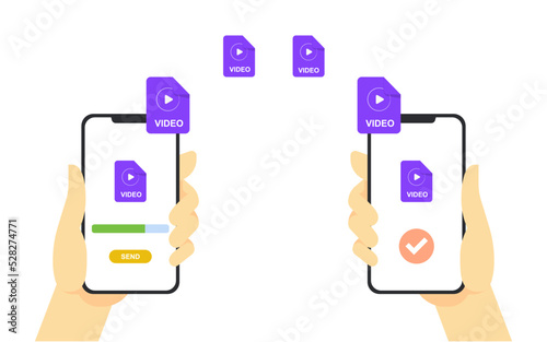 Sending a video file from one phone to another via the internet. save the file to your phone. vector illustration.