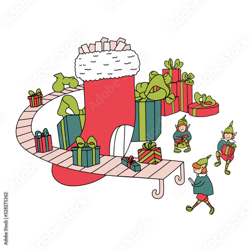 Santa's workshop illustration with funny elves isolated on white background. Cartoon doodle with Christmas sock looks like as Gift factory