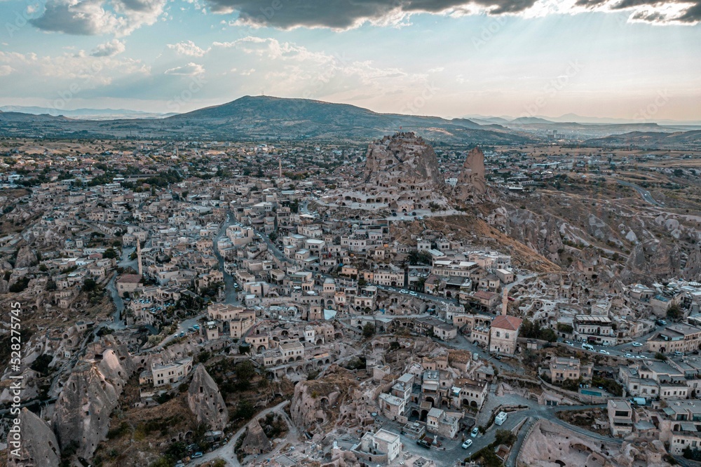 Drone view of Castle of Uchisar, city in the rock in Cappadocia - Turkey
