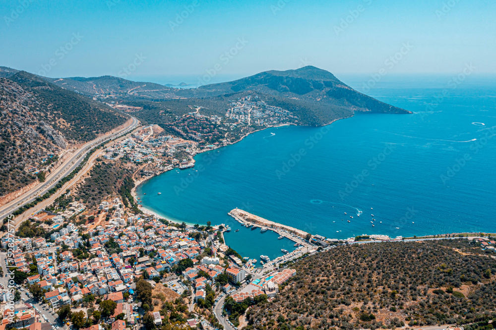 Drone view of Kalkan- Small Sea Village in Turkey 
