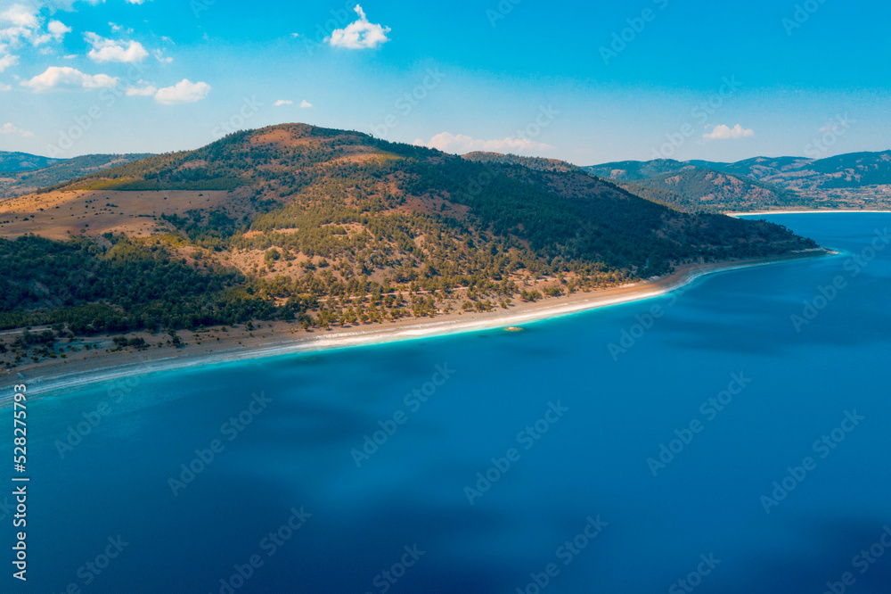 Drone view of Salda Lake, Caribbean water in Turkey
