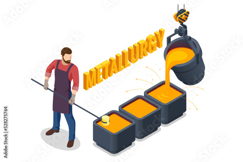 Isometric Forge, blacksmith. Metallurgy. Male character is working in metallurgy industry.