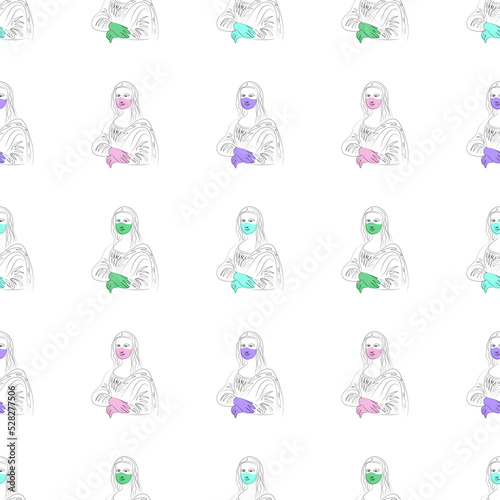 Mona Lisa line art, color spot, covid, mask, quarantine, abstraction, blue, pink, purple