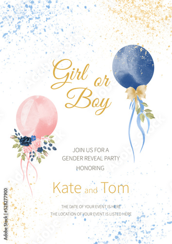 Gender reveal party invitation. boy or girl. watercolor pink and blue balloons with flowers and ribbons. Banner and poster, background with balloons on the ribbon. Vector illustration