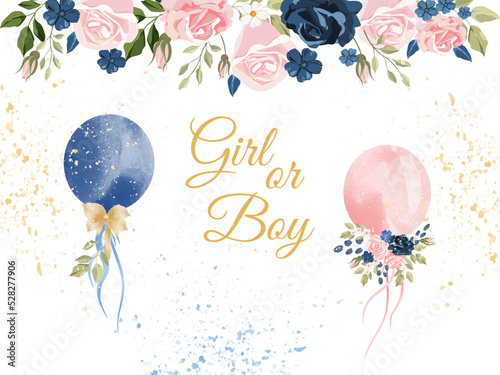 Gender reveal party invitation. boy or girl. watercolor pink and blue balloons with flowers and ribbons. Banner and poster, background with balloons on the ribbon. Vector illustration